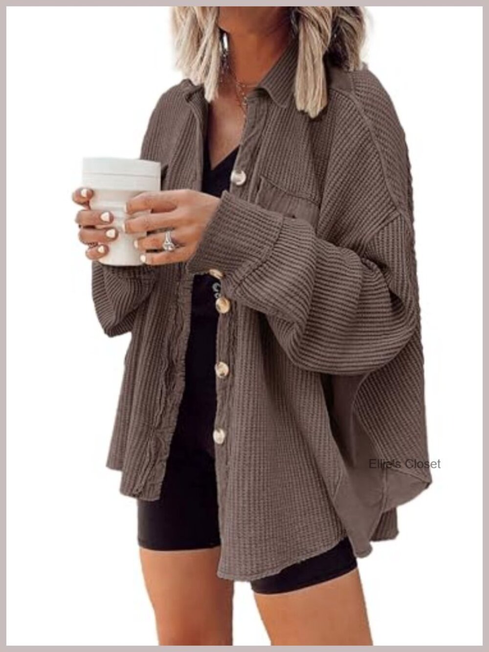 Womens Waffle Knit Shacket Oversized Lightweight Button Down Long Sleeve
